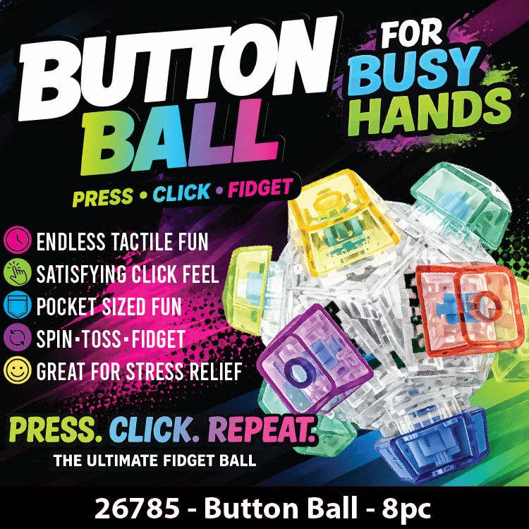 Fidget Button Ball Silicone Sensory Stress Toy - 8/Display